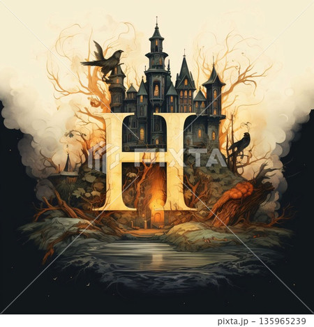 Halloween background with castle, pumpkins and ravens. Illustration. letter H 135965239
