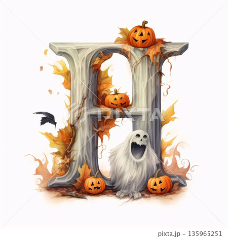 Halloween letter H with pumpkins and ghost in the forest illustration 135965251