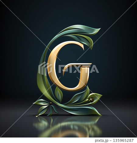 Golden letter G with green leaves isolated on black background. 3d render Golden letter G with green leaves isolated on black background. 3d render 135965287