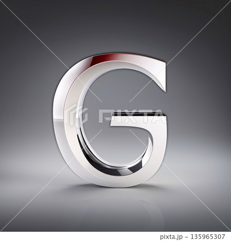 Metallic Letter G uppercase on dark background. 3D rendered glossy silver font. 135965307
