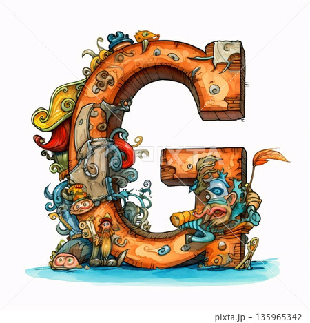 Cartoon alphabet G with caveman and fishes. Letter G. Vector illustration Cartoon alphabet G with caveman and fishes. Letter G. Vector illustration 135965342