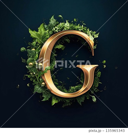 Golden letter G decorated with green leaves and berries. 3d render 135965343