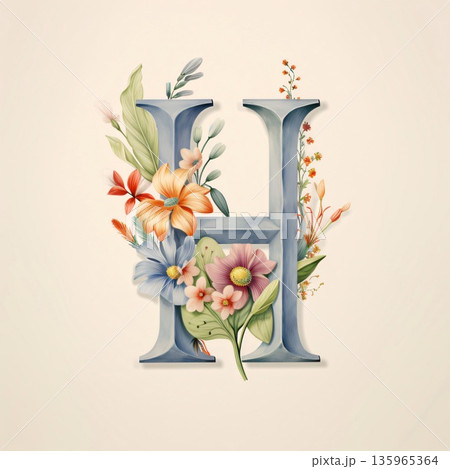 Floral capital letter H with flowers and leaves in retro style. Floral capital letter H with flowers and leaves in retro style. 135965364