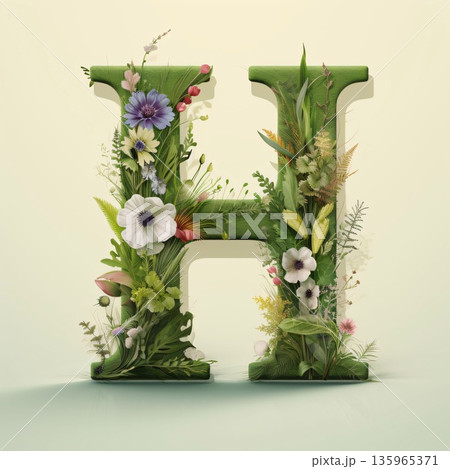 Flower capital letter H. Floral capital letter. 3D rendering Flower capital letter H. Floral capital letter. 3D rendering 135965371