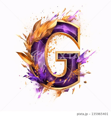 3d golden letter G with purple paint splashes isolated on white background 135965401