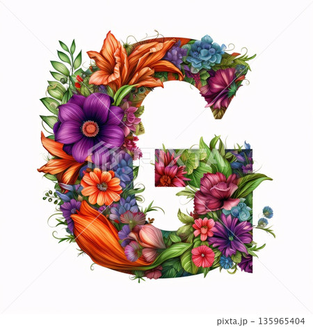 Letter G with flowers and leaves. Floral alphabet. Letter G 135965404