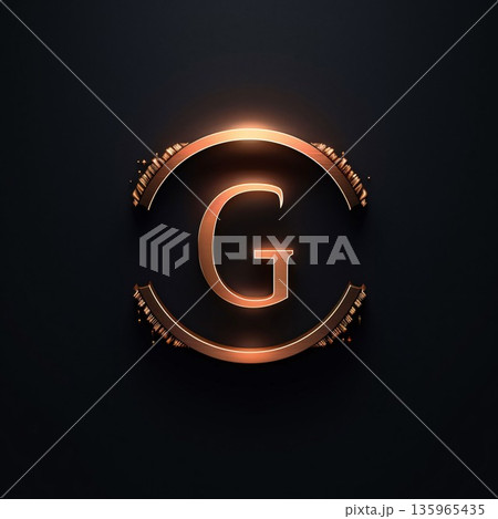 Gold letter G on black background. 3D rendering. Elegant font. 135965435