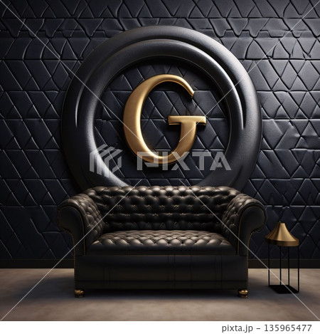 Luxury black leather armchair with gold letter G on the wall. 3d rendering 135965477