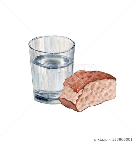 Glass of water and a piece of bread isolated on white. Watercolor illustration for Christian design, church graphics, devotional layouts, spiritual reflection content. Simplicity, purity fasting, Lent 135966001