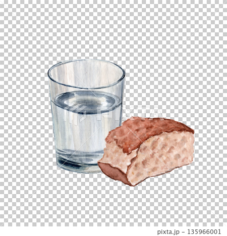 Glass of water and a piece of bread isolated on white. Watercolor illustration for Christian design, church graphics, devotional layouts, spiritual reflection content. Simplicity, purity fasting, Lent 135966001