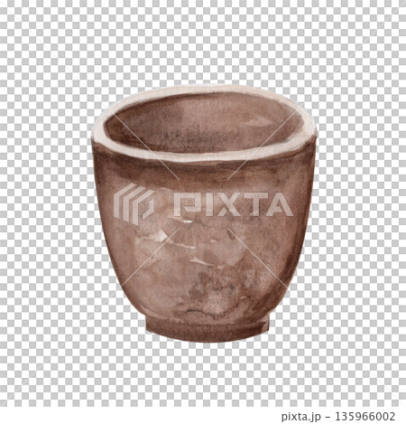 Clay cup isolated on white minimal watercolor illustration perfect for Christian design, church graphics, devotion layouts, spiritual reflection. Fasting practice, humble daily life during Lent season 135966002