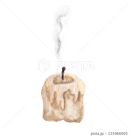 Candle stub with wax drips and thin smoke isolated on white. Watercolor illustration showing extinguished flame, suitable for church design, spiritual layouts, memorial graphics, posters and covers 135966005