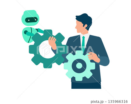AIと協働するビジネスマンのイラスト 業務を円滑に進めるパートナー表現 AIと協働するビジネスマンのイラスト 業務を円滑に進めるパートナー表現 135966316