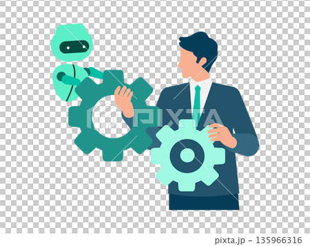 AIと協働するビジネスマンのイラスト 業務を円滑に進めるパートナー表現 AIと協働するビジネスマンのイラスト 業務を円滑に進めるパートナー表現 135966316