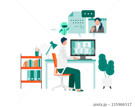 在宅勤務でAIを活用するビジネスマンのイラスト 会議と自動化を表現 在宅勤務でAIを活用するビジネスマンのイラスト 会議と自動化を表現 135966317