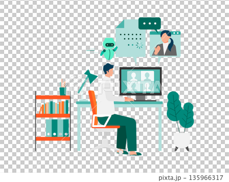 在宅勤務でAIを活用するビジネスマンのイラスト 会議と自動化を表現 在宅勤務でAIを活用するビジネスマンのイラスト 会議と自動化を表現 135966317