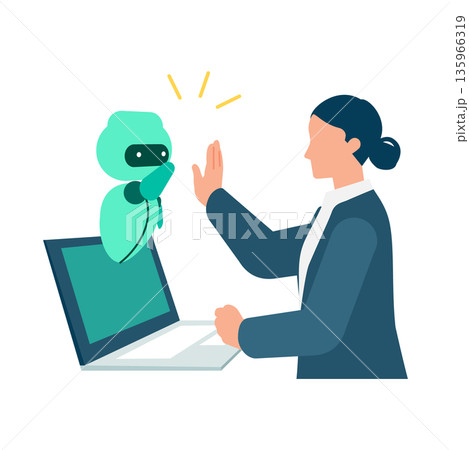 AIとハイタッチする働く女性のイラスト 業務を支援するパートナー表現 AIとハイタッチする働く女性のイラスト 業務を支援するパートナー表現 135966319