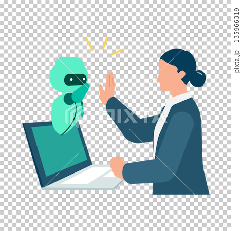 AIとハイタッチする働く女性のイラスト 業務を支援するパートナー表現 AIとハイタッチする働く女性のイラスト 業務を支援するパートナー表現 135966319