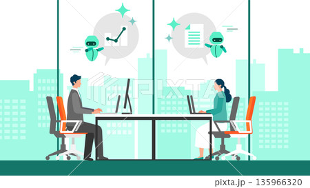 オフィスでAIを活用する男女のイラスト 業務を支えるAIアシスタント 135966320