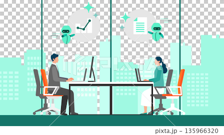 オフィスでAIを活用する男女のイラスト 業務を支えるAIアシスタント 135966320