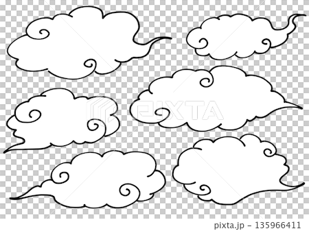 和風のもくもくした雲の素材セット(白バック) 135966411