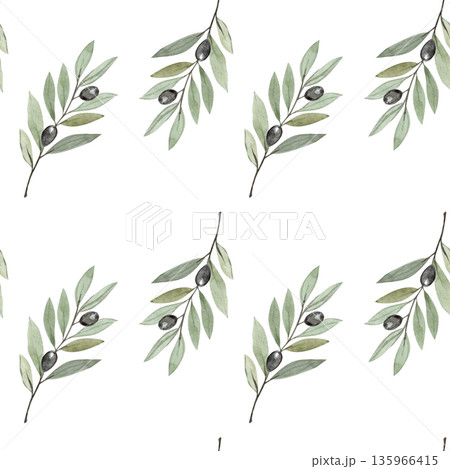 Olive branch horizontal watercolor seamless pattern isolated on white. Illustration perfect for Christian design, Lent season, devotion projects, religious layouts. Symbol of peace, spiritual renewal. Olive branch horizontal watercolor seamless pattern isolated on white. Illustration perfect for Christian design, Lent season, devotion projects, religious layouts. Symbol of peace, spiritual renewal. 135966415