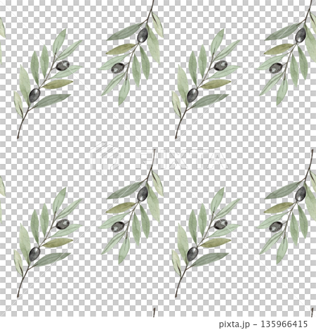 Olive branch horizontal watercolor seamless pattern isolated on white. Illustration perfect for Christian design, Lent season, devotion projects, religious layouts. Symbol of peace, spiritual renewal. Olive branch horizontal watercolor seamless pattern isolated on white. Illustration perfect for Christian design, Lent season, devotion projects, religious layouts. Symbol of peace, spiritual renewal. 135966415