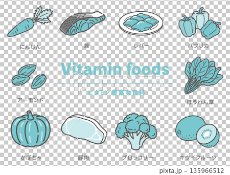 ビタミンが豊富な食材のイラストセット（野菜・肉・魚・果物） 135966512