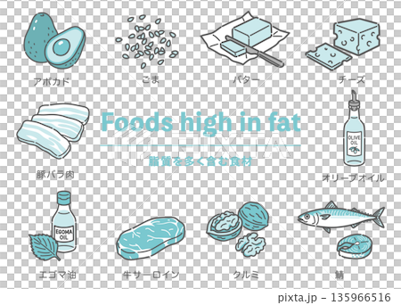 脂質を多く含む食材のイラストセット（良質な油・肉・魚・乳製品） 135966516