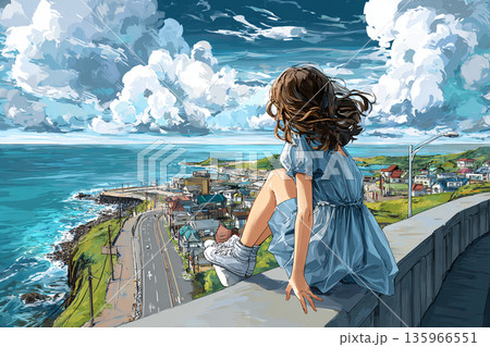 街並みの景色を見つめる少女のイラスト 135966551