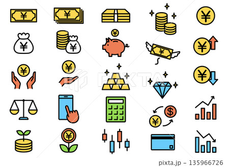 投資・お金に関する円表示のシンプルなカラーアイコンセット 投資・お金に関する円表示のシンプルなカラーアイコンセット 135966726