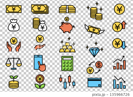 投資・お金に関する円表示のシンプルなカラーアイコンセット 投資・お金に関する円表示のシンプルなカラーアイコンセット 135966726