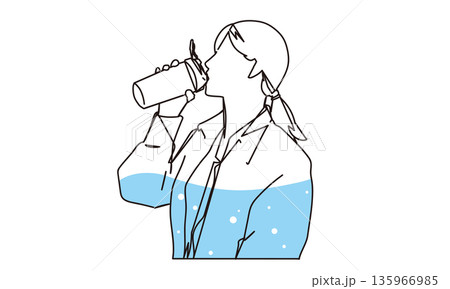 水分補給をする女性の線画イラスト素材 水分補給をする女性の線画イラスト素材 135966985