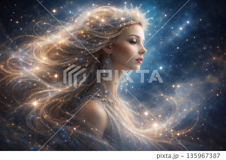 AI generated cosmic fantasy portrait of a serene celestial woman with flowing star hair glowing stardust and elegant jewels symbolizing beauty imagination and timeless universe magic 135967387