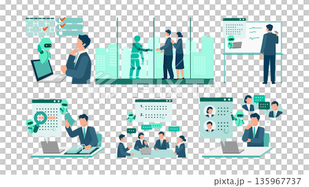 一組描繪商業場景的插圖，展示了人工智慧助理如何協助會議和工作。 135967737