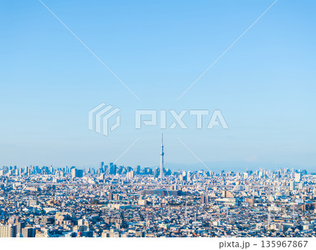 空撮「東京都」松戸市矢切付近の江戸川上空から都心方向を撮影 135967867