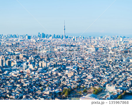 空撮「東京都」松戸市矢切付近の江戸川上空から都心方向を撮影 135967868