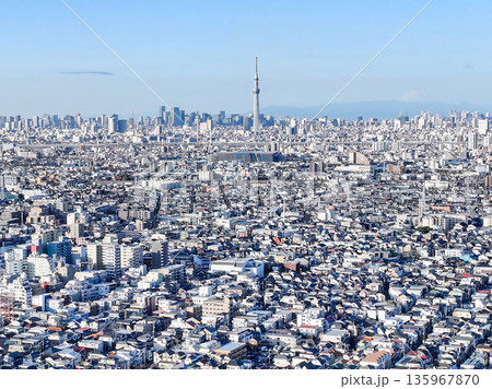 空撮「東京都」松戸市矢切付近の江戸川上空から都心方向を撮影 135967870