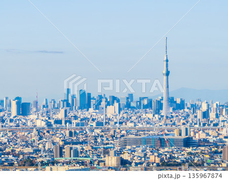 空撮「東京都」松戸市矢切付近の江戸川上空から都心方向を撮影 135967874