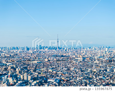 空撮「東京都」松戸市矢切付近の江戸川上空から都心方向を撮影 135967875
