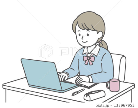 パソコンでオンライン授業を受ける女子中学生の学習イラスト パソコンでオンライン授業を受ける女子中学生の学習イラスト 135967953