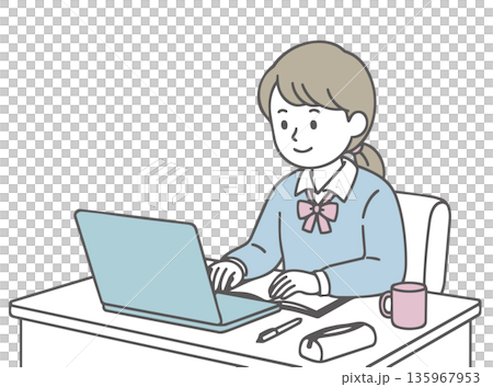 パソコンでオンライン授業を受ける女子中学生の学習イラスト パソコンでオンライン授業を受ける女子中学生の学習イラスト 135967953