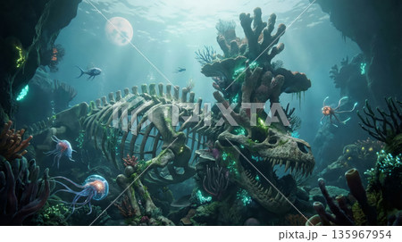 海底に眠るティラノサウルスの全身骨格と珊瑚礁 神秘的な深海の恐竜化石 幻想的なCG背景素材 リアル 135967954
