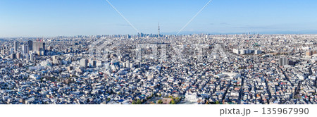 空撮「東京都」松戸市矢切付近の江戸川上空から都心方向を撮影　パノラマ 135967990