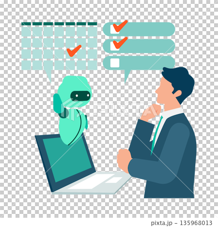 Illustration of a businessman managing tasks and schedules with AI. AI; Introduction; Utilization; Male; Person; Business 135968013