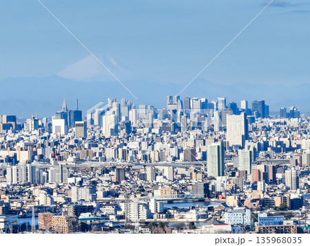 空撮「東京都」松戸市矢切付近の江戸川上空から都心方向を撮影 空撮「東京都」松戸市矢切付近の江戸川上空から都心方向を撮影 135968035