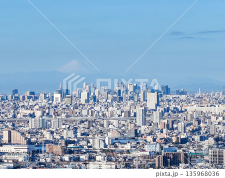空撮「東京都」松戸市矢切付近の江戸川上空から都心方向を撮影 空撮「東京都」松戸市矢切付近の江戸川上空から都心方向を撮影 135968036