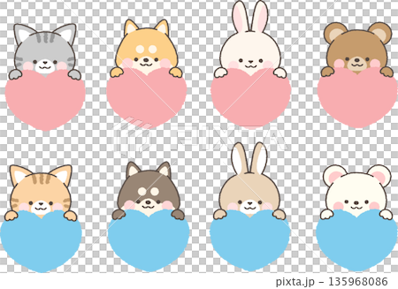 Animals peeking out from above the heart set Animals peeking out from above the heart set 135968086