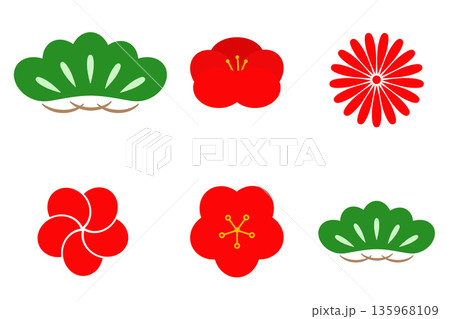Set of Japanese Ume Flowers and Pine Branches. Applicable for poster, card, banner and more for asian style design. 135968109