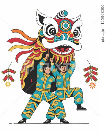 Illustration of a traditional Chinese lion dance performance Illustration of a traditional Chinese lion dance performance 135968306